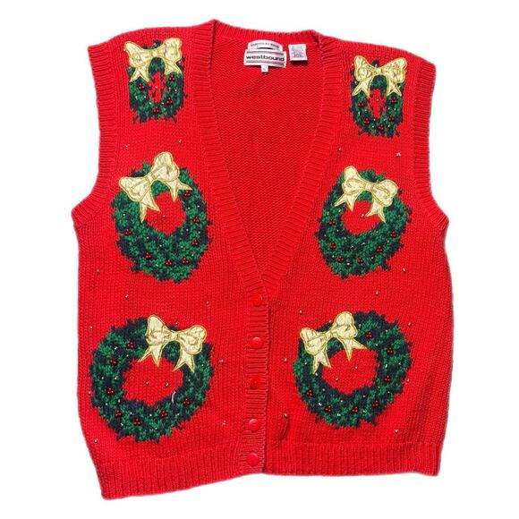1990s red knitted Christmas wreath sweater vest (XL) - Picture 1 of 5